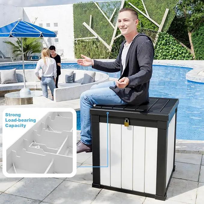 50-Gallon Outdoor Deck Box,Storage Lockable Waterproof Patio Furniture,Garden Tools,Cushions,Pool Accessories Outside Storage Resin Box(Black and White) by GreenHaven Gardens