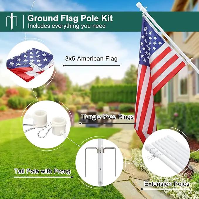 Yard Flag Pole for Outside Ground - 8.5 ft Tangle Free Heavy Duty Flag Pole Kit with 2 Anti-Tip Prong Base,Portable Inground Flag Holder with 3x5 American Flag for House Outdoor Campers,White by GreenHaven Gardens