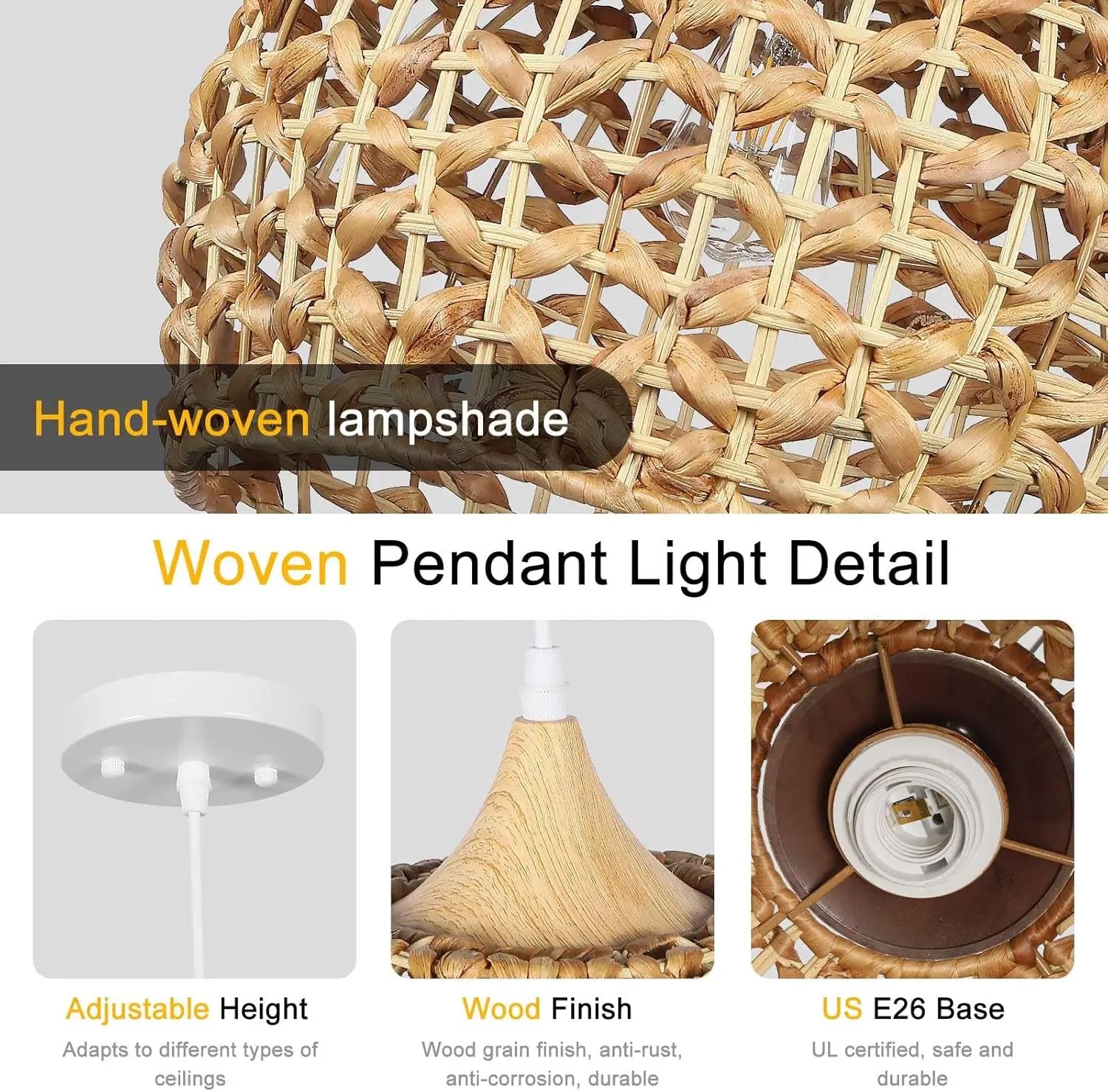 Boho Pendant Lights, 15.7" 1-Light Rattan Chandelier Hand-Woven Wicker Pendant Light with Water Hyacinth Shade, Coastal Dome Hanging Light for Dining Room Kitchen Island by GreenHaven Gardens