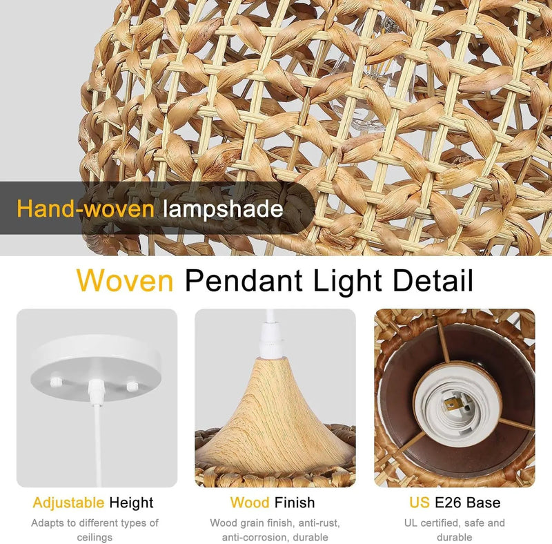 Boho Pendant Lights, 15.7" 1-Light Rattan Chandelier Hand-Woven Wicker Pendant Light with Water Hyacinth Shade, Coastal Dome Hanging Light for Dining Room Kitchen Island by GreenHaven Gardens