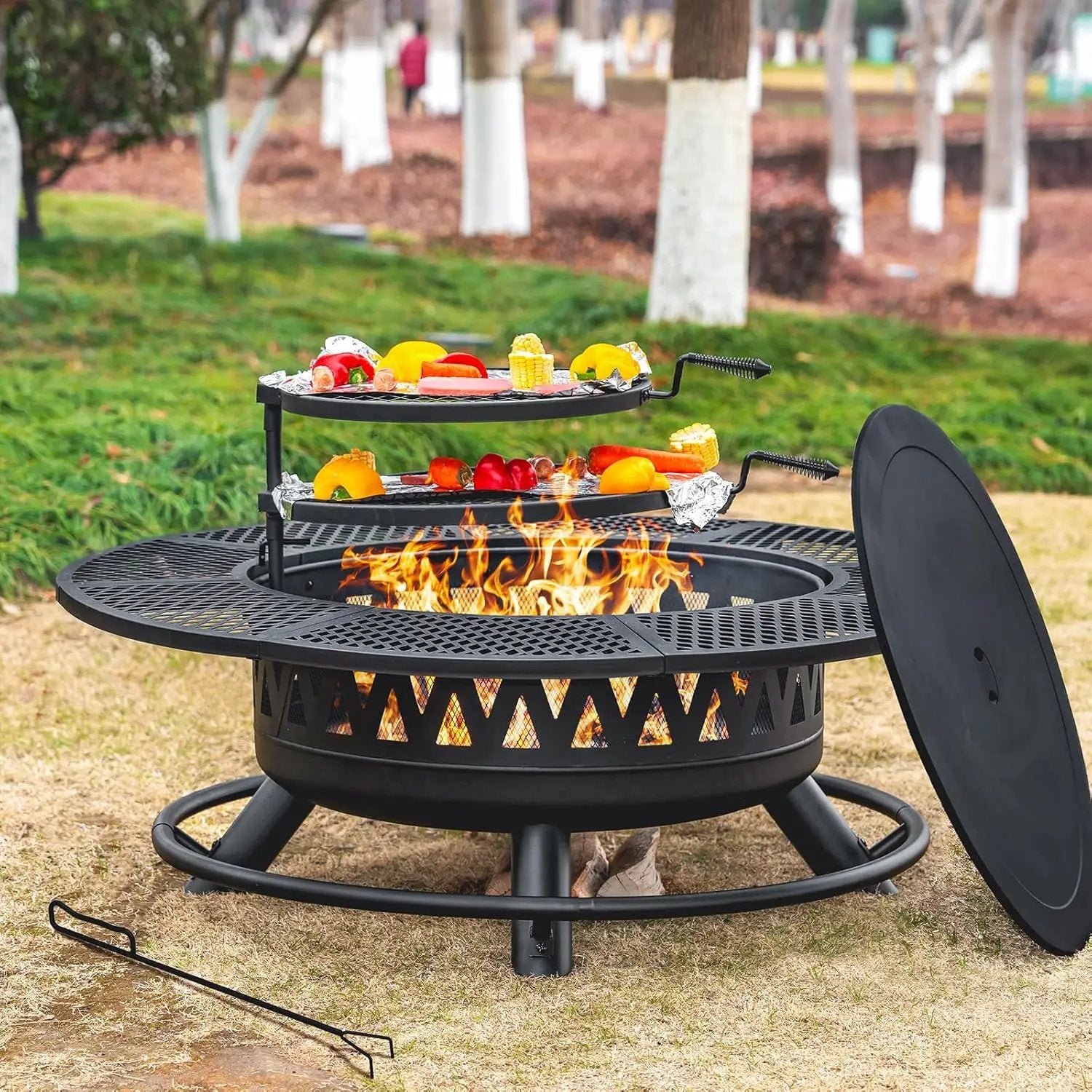 47 Inch Fire Pit with 2 Grills, Outdoor Extra Large Firepits for Outside, Wood Burning Fireplace for Camping,Picnic,Bonfire, 3-in-1 Round Metal Table with Lid for Backyard,Patio,Party by GreenHaven Gardens