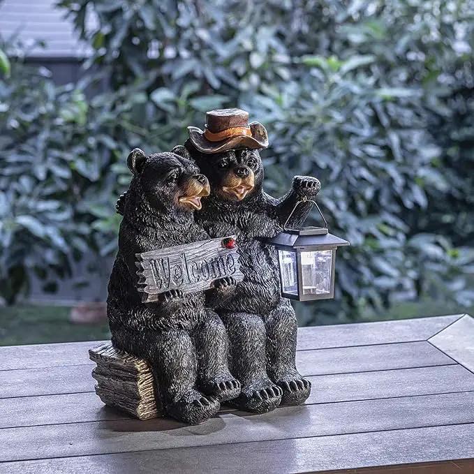 Alpine Corporation 15" Tall Outdoor Bear Couple with Lantern and Welcome Sign Statue with Solar LED Light Yard Art Decoration by GreenHaven Gardens