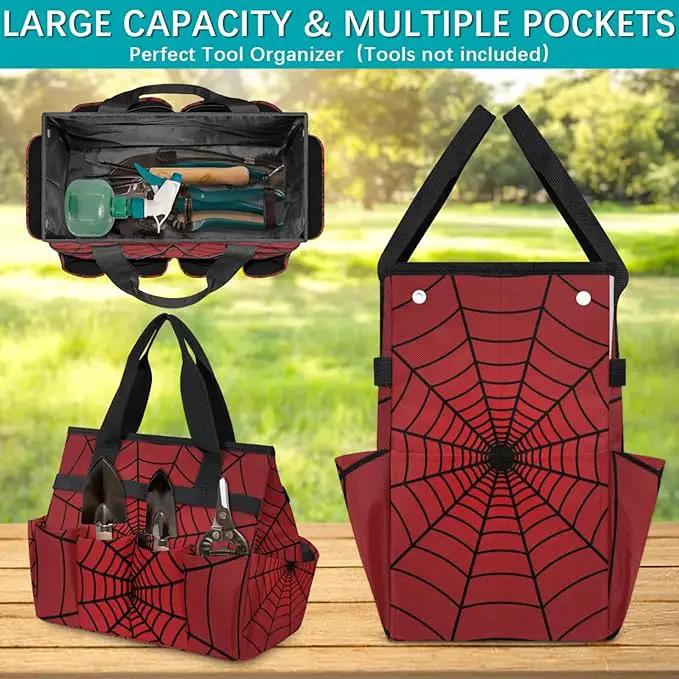 Spiders Web Red Gardening Tool Bag,Heavy Duty Garden Tote Bag,Portable Oxford Gardening Storage Basket Organizer Handbag with Pockets Handle,Hand Tools Gifts for Outdoor Garden Lawn by GreenHaven Gardens