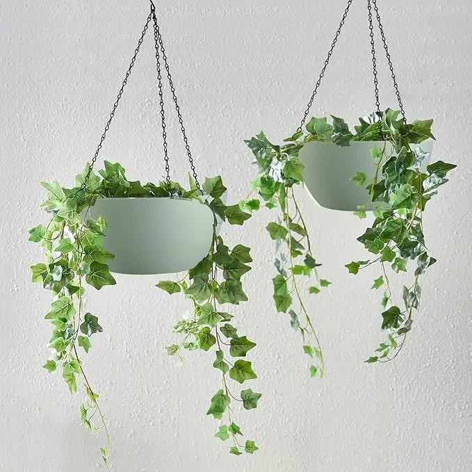 WOUSIWER 13 inch 2 Pack Large Hanging Planters for Indoor Outdoor Plants with Drainage Holes and Chain, Round Hanging Flower Pots for Garden Home Porch Decor, Green by GreenHaven Gardens