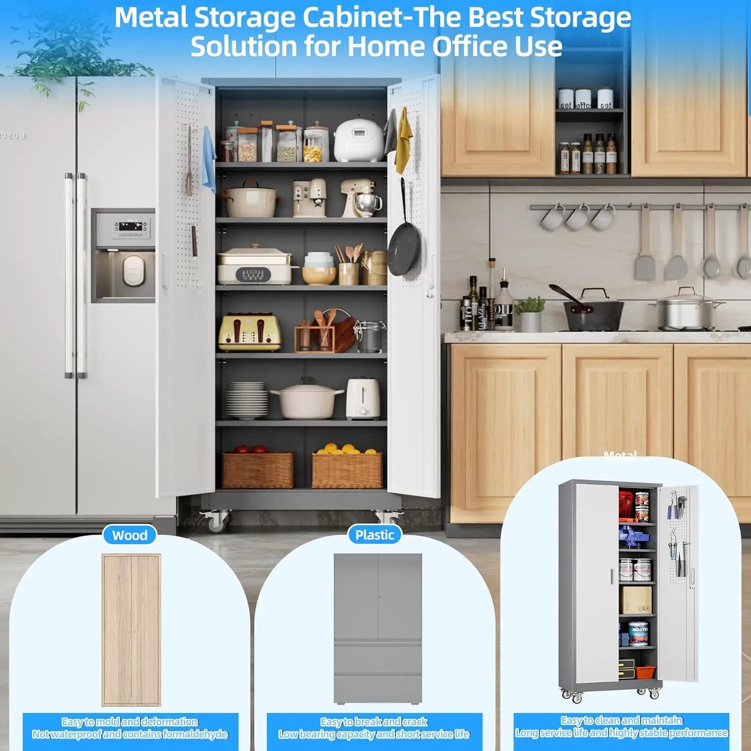 Metal Garage Storage Cabinet with Wheels & Pegboard, Lockable Metal Storage Cabinets with 2 Doors&5 Adjustable Shelves for Garage&Home,Assembly Required,Gray White 71''H x32''W x16''D by GreenHaven Gardens