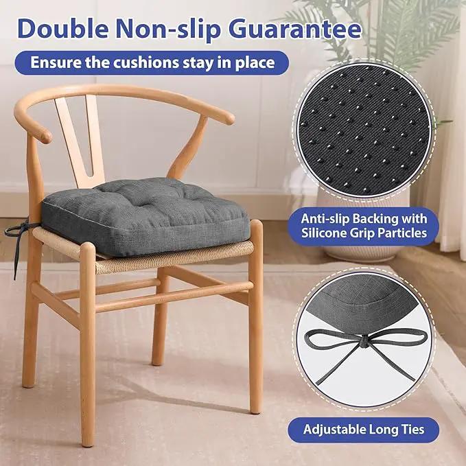 Chair Cushions for Dining Chairs, Dining Chair Cushions, Tufted Indoor Chair Pads with Ties & Non Slip Backing, Seat Cushions for Kitchen Chairs 16.5” x 16.5” x 3.5”, Set of 4, Grey by GreenHaven Gardens