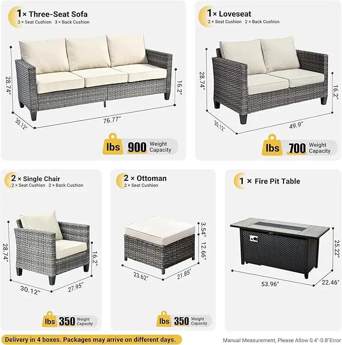 ovios 7 Pieces Patio Furniture Set with 54" Fire Pit Table, Outdoor Wicker Sofa with Comfy Cushions, All Weather High Back Rattan Couch Conversation Set, Beige by GreenHaven Gardens