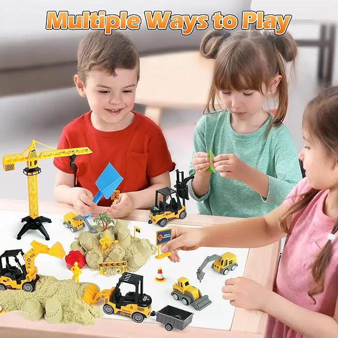 Sand Construction Site Kit - 37 Pcs Play Sand Art Kit with 8 Construction Trucks, Folding Sandbox, 2.2 lbs Magic Sand, Crane, Worker, Road Signs, Molds, Shovel - Ideal Toys for Boys Girls Age 3+ by GreenHaven Gardens