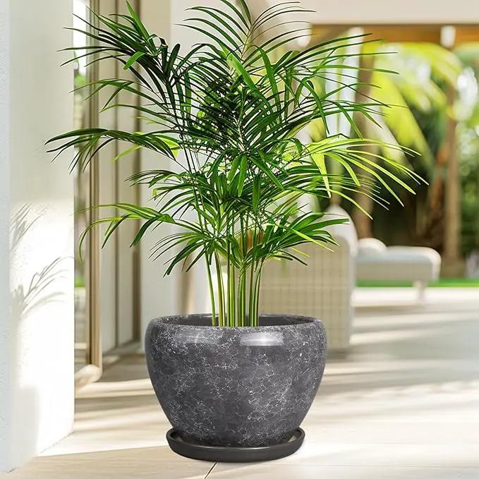 Ceramic Planters for Indoor Plants - 10 Inch Plant Pot with Drainage Hole and Saucer, Large Flower Pot for Home Decor, Gray by GreenHaven Gardens