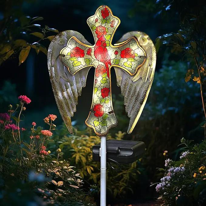 Solar Cross Garden Lights, Solar Cardinal Stake Lights Cemetery Decorations for Grave, Jesus Cross Sympathy Memorial Gifts for Mother Grandma, Glass Garden Art for Yard Lawn Patio Decor by GreenHaven Gardens