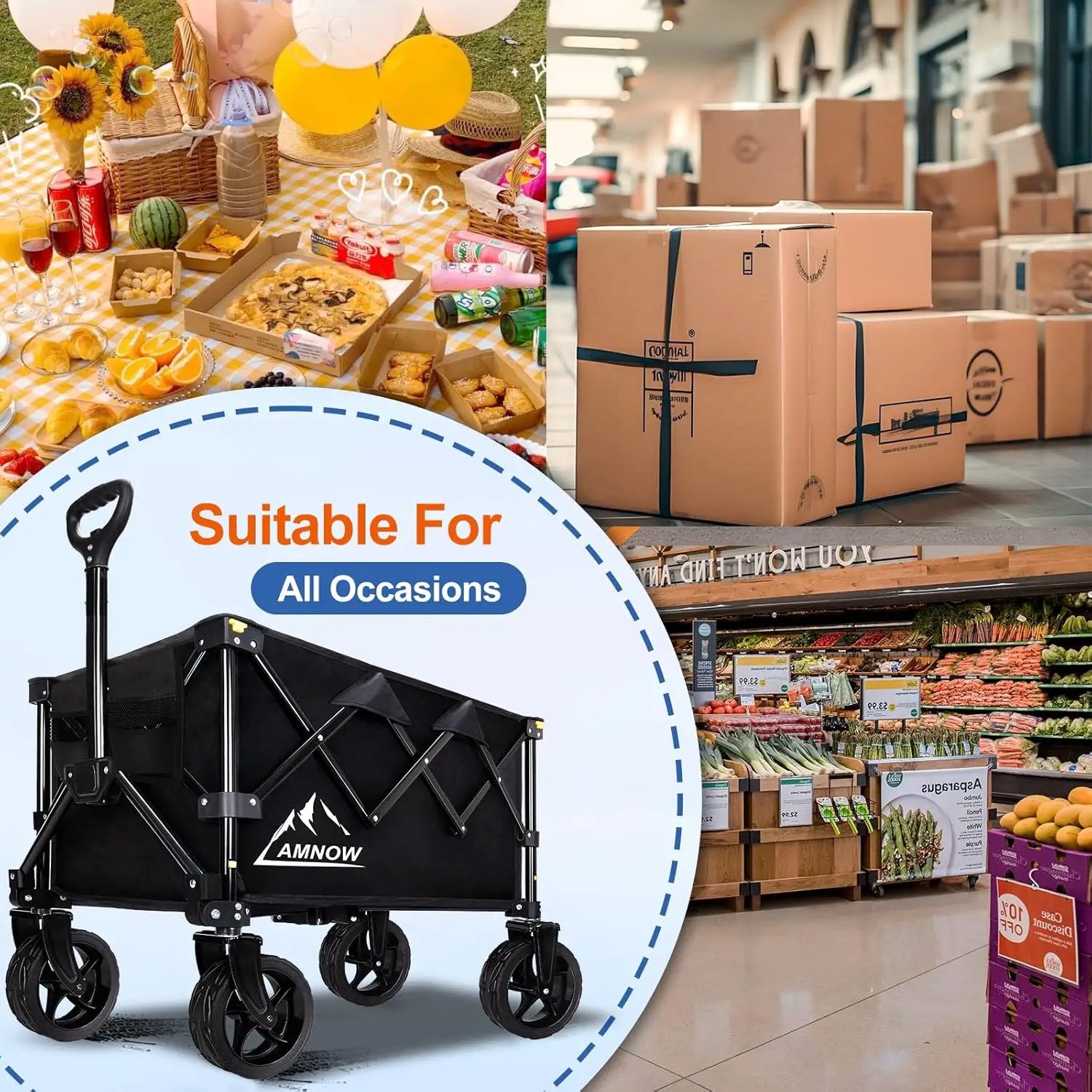 Collapsible Wagon Cart with Wheels Foldable, Folding Wagons Carts with Silent Universal Wheels, Large Grocery Cart On Wheels, Heavy Duty Utility Wagon for Shopping Beach Sports Fishing Camping, 130L by GreenHaven Gardens