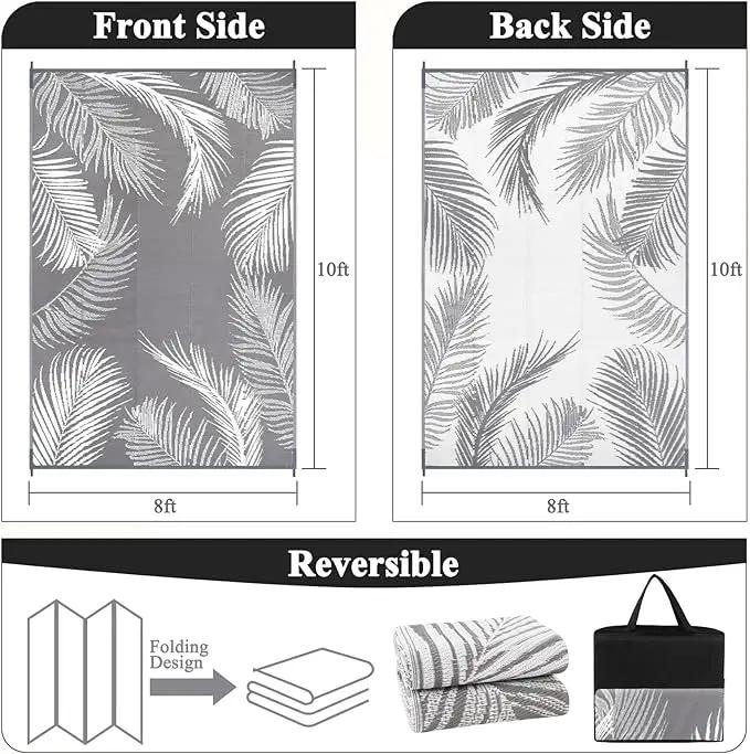 Pauwer Waterproof Outdoor Rug 8x10, Reversible Plastic Straw Patio Camping Rug, Indoor Outdoor RV Mat Carpet for Deck, Camper, Porch, Balcony, Backyard, Picnic, Leaf Grey by GreenHaven Gardens