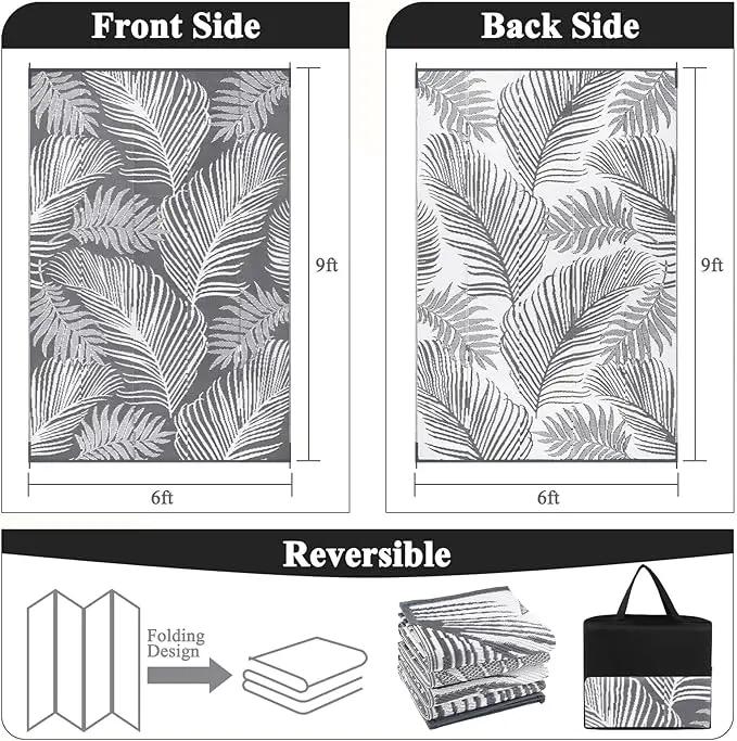 Pauwer Waterproof Outdoor Rug 6x9, Reversible Plastic Straw Patio Camping Rug, Indoor Outdoor RV Mat Carpet for Deck, Camper, Porch, Balcony, Backyard, Picnic, Leaf Grey by GreenHaven Gardens