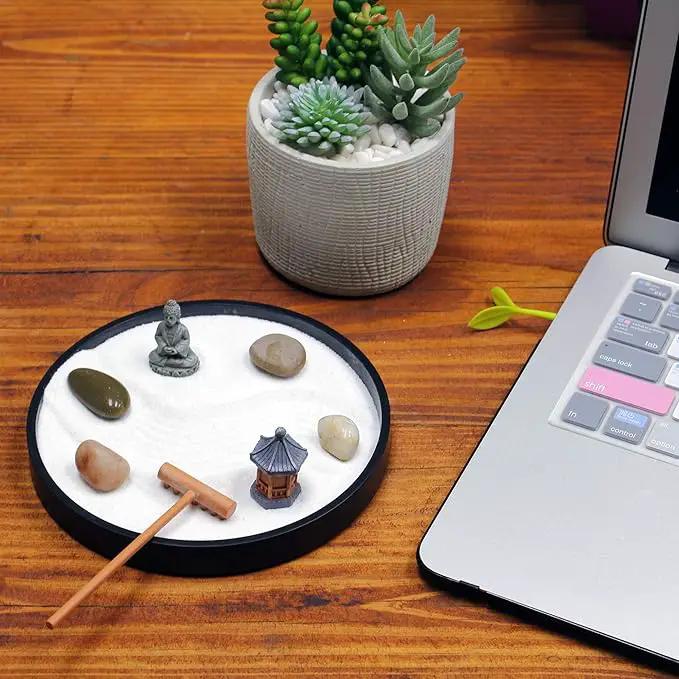 Nature's Mark Mini Zen Garden Kit for Desk with Rake, White Sand, Black Round Base, Miniature Pagoda Figure, River Rocks and Miniature Buddha Figure (6Lx6W Round B) by GreenHaven Gardens