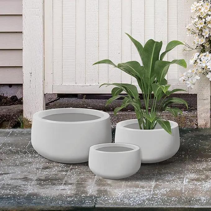 Kante 19.6",15.7",11.8" Dia Round Concrete Planters Set of 3, Outdoor Indoor Garden Plant Pots with Drainage Hole and Rubber Plug, Modern Curvaceous Design, Pure White by GreenHaven Gardens