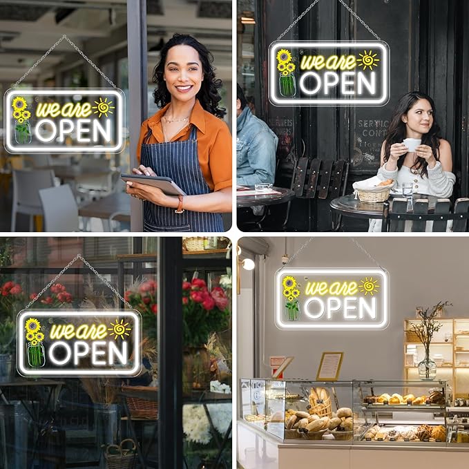 Neon We are Open Signs for Business, 16.5x9'' Open Sign with Printed Flower and Sun, with ON/OFF Switch & Adapter, Daylight White, Ideal for Window, Party, Wall, Bars, Coffee Shops, Salons, Clubs, Hotels by GreenHaven Gardens