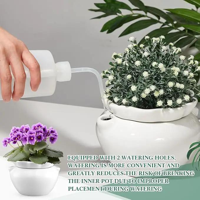 2 Set 7.5 Inches African Violet Pots Self Watering White Ceramic Pot for Indoor Plants, Flowerpot with Highly Absorbent Inner Pot for Busy Plant Lovers, Plant Care by GreenHaven Gardens