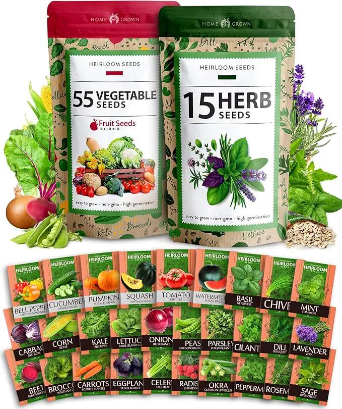 Home Grown 32,000+ Heirloom Seeds for Planting Vegetables and Herbs Bundle: 70 Unique Varieties - 100% Non-GMO Survival Seeds for Planting Indoor or Outdoors by GreenHaven Gardens