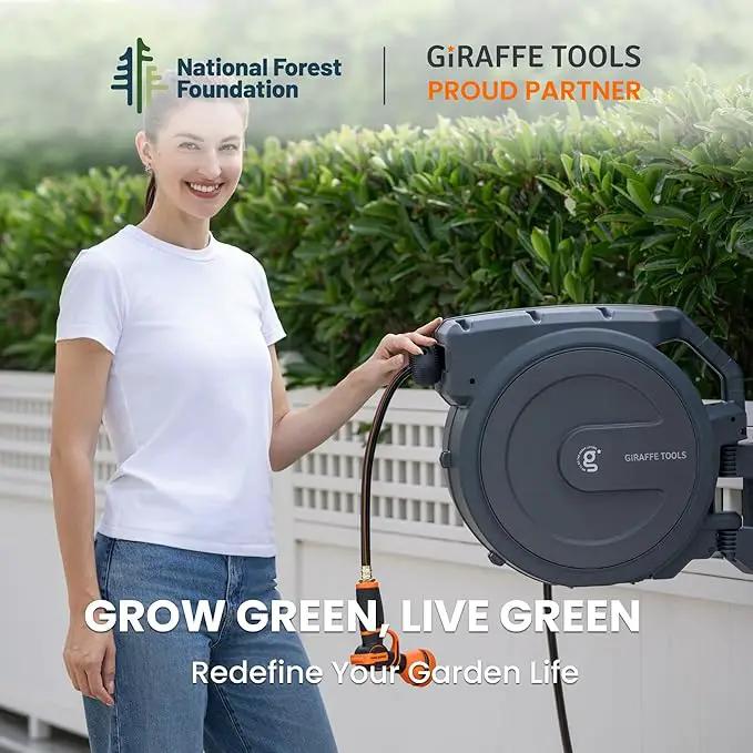Giraffe Tools Retractable Garden Hose Reel 5/8 inch x 90 ft Hose Reels for Outside, Wall Mounted Water Hose Reel with 180 Deg Swivel Bracket, Any Length Lock, 9 Pattern Hose Nozzle by GreenHaven Gardens