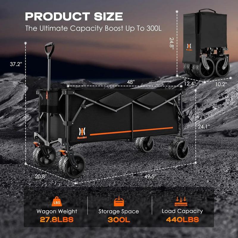 Navatiee 300L Extra Large Collapsible Wagon Cart Foldable, 48''L Extended Heavy Duty Folding Beach Wagon with 440LBS Weight Capacity and Big Wheels, Utility Garden Cart for Sports Camping by GreenHaven Gardens