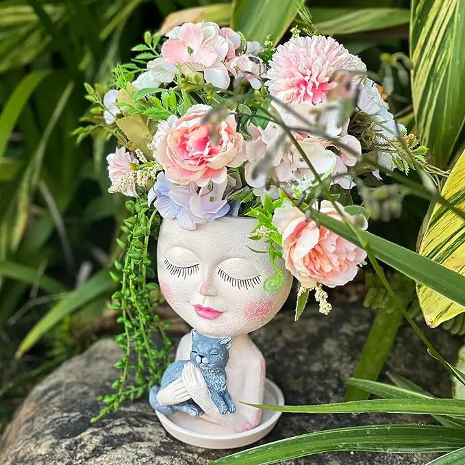 Face Plant Pots Head Planters - Face Flower Pot Head Planter with Cat, Succulent Pots with Drainage Hole, Resin Lady Planter for Indoor Outdoor, Home Decor, Mother's Day/Women Gifts by GreenHaven Gardens