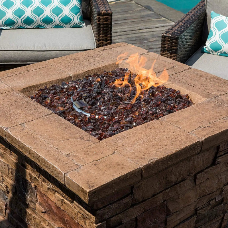 COSIEST 5-Piece Faux Brown Propane Fire Pit Outdoor Furniture Brown Chairs, Warm Gray Wicker Thick Cushion Sofa w 32-inch Square Propane Fire Table (50,000 BTU) for Garden, Pool, Backyard by GreenHaven Gardens