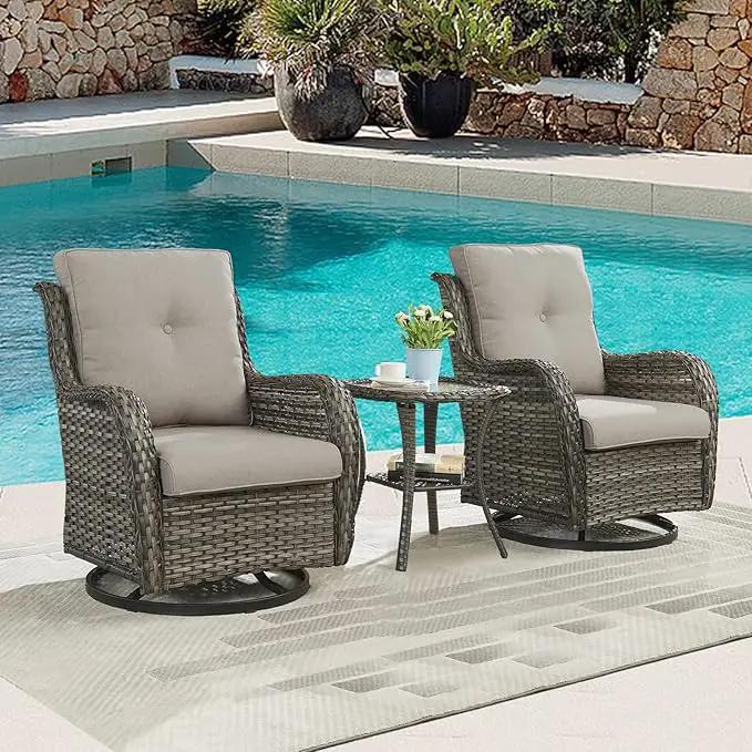 Outdoor Patio Swivel Rocker Chairs - 3 Piece Patio Bistro Set,Wicker Patio Furniture Set with 2 Swivel Rocking Chairs and 1 Glass Top Side Table for Deck Porch Garden,Mixed Grey/Grey by GreenHaven Gardens