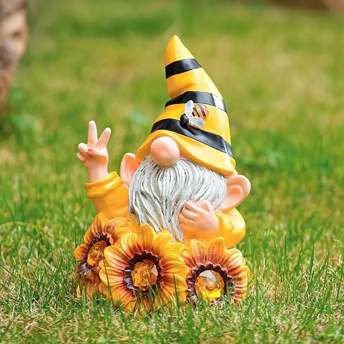 Garden Gnome Sculptures & Statues Resin Summer Bee Gnome with Sunflower, Outdoor Funny Gnome Decoration Solar Light Gnome Gifts for Yard, Patio Decor for Mom by GreenHaven Gardens