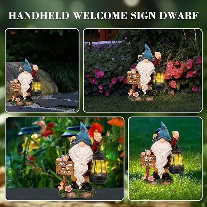 Garden Gnome Statues Figurine Lights - Solar Powered Lighting Outdoor Decorations with Lantern & Welcome Sign, Yard Art Lawn Ornaments for Porch Patio Balcony - Gnome Gifts for Women Mom by GreenHaven Gardens