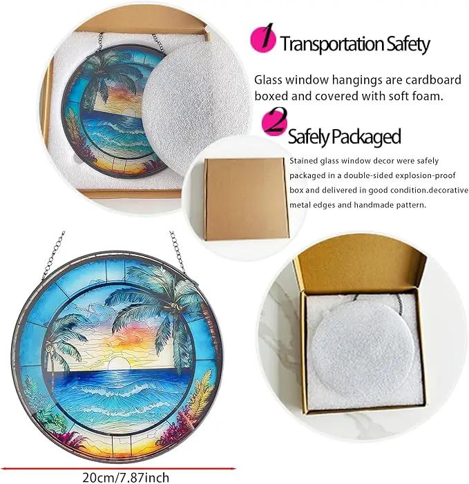 RIVEENY Blue Ocean Sunset Glass Window Hanging Decor,8" Stained Glass Sun Catcher Hanging Decoration with Metal Chain-Sun Catchers for Window Decor Outdoor Garden Decor Gift (Oceans)