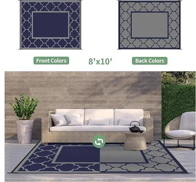 GENIMO Outdoor Rug 8' x 10' Patio Waterproof, Foldable Reversible Plastic Straw Area Rugs Mat for Camper Decor, Outside Carpet for Rv, Deck, Porch, Picnic, Beach, Balcony, Blue & Grey by GreenHaven Gardens