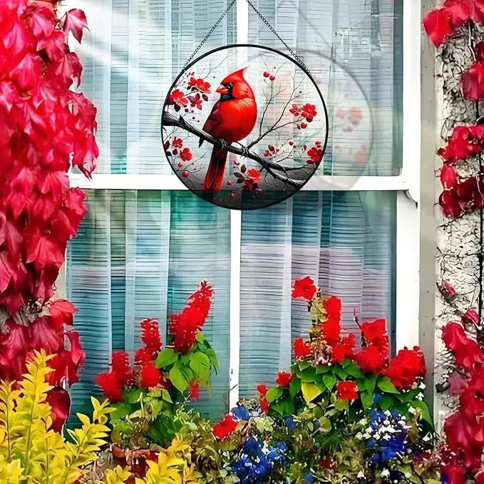 RIVEENY Cardinal Stained Glass Window Hanging,Cardinal Stained Glass Suncatcher,8" Window Suncatcher Hanging Ornaments Wall Art, Hand-Painted Glass Panel Home Decor for Mom Grandma by GreenHaven Gardens