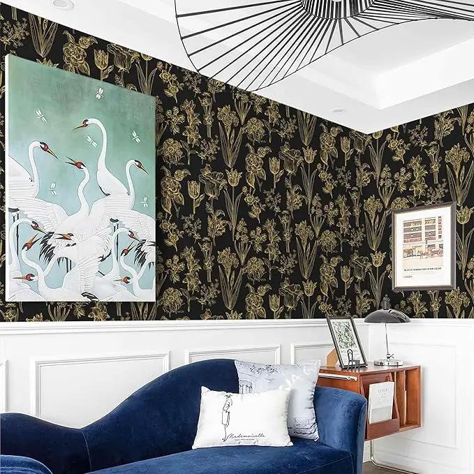 Dimoon 393"x17.3" Floral Wallpaper Peel and Stick Flowers Golden Black Contact Paper Thicken Waterproof Modern Self Adhesive Plants Wallpaper Removable Wall Paper Shelf Vinyl Roll by GreenHaven Gardens