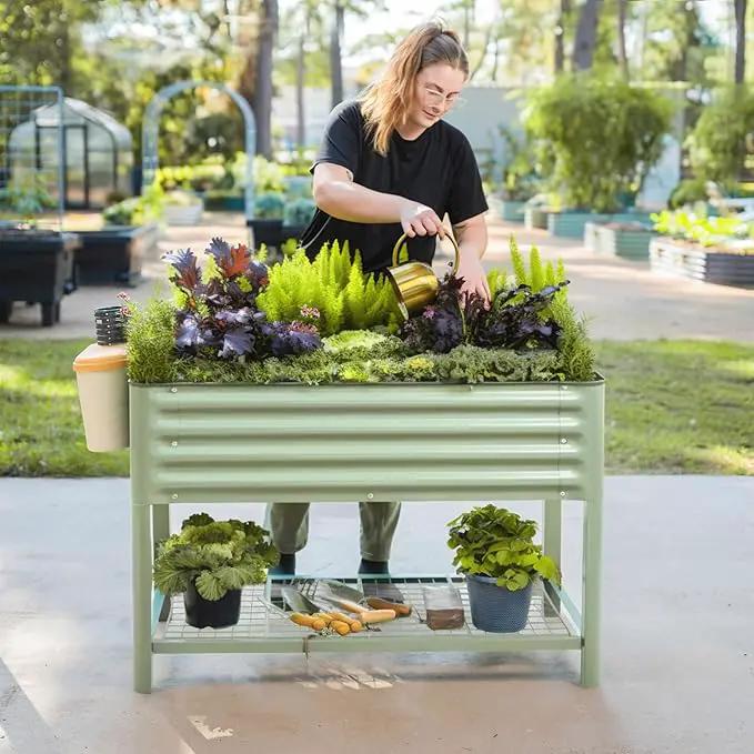Elevated Raised Garden Bed-V Series, 2' x 8' Garden Beds with Legs & Storage Rack for Patio Porch, 1400 Lbs Weight Capacity, Outdoor Planter Boxes for Gardening Herbs Vegetables Flowers, Olive Green by GreenHaven Gardens