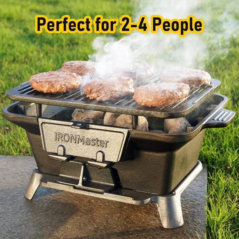 IronMaster Hibachi Grill Outdoor, Small Portable Charcoal Grill, 100% Pre-Seasoned Cast Iron, Japanese Yakitori Camping Grill - 2 Heights, Air Control, Coal Door + Carrying case by GreenHaven Gardens