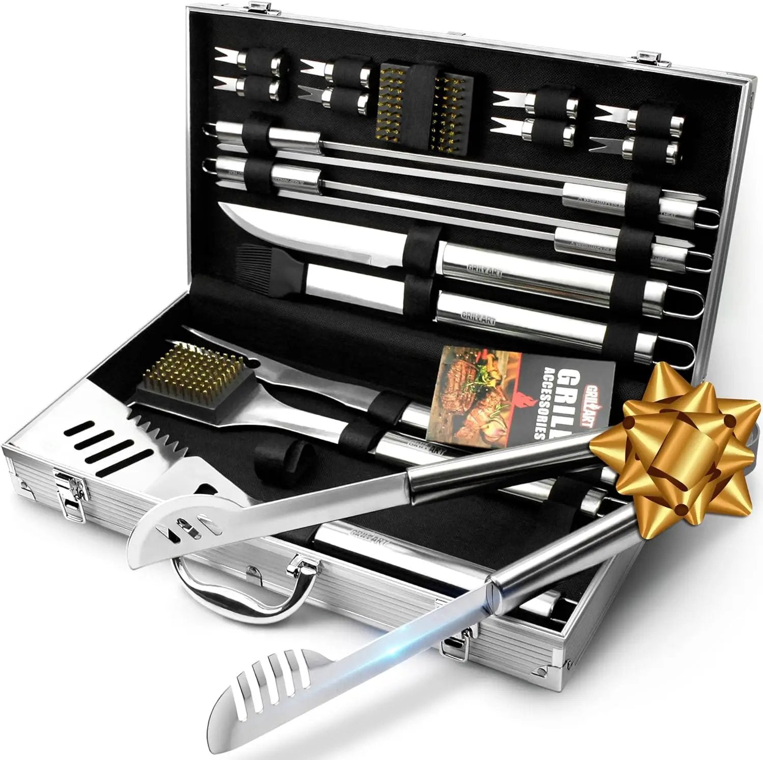 GRILLART BBQ Grill Utensil Tools Set Reinforced BBQ Tongs 19-Piece Stainless-Steel Barbecue Grilling Accessories w/Aluminum Storage Case -Complete Outdoor Grill Kit for Dad, Birthday Gift for Man Dad by GreenHaven Gardens