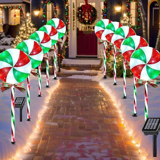 10 Packs Christmas Pathway Lollipop Lights with Bow Tie Solar Powered Outdoor Waterproof Xmas Candy Cane Path Landscape Decorative Stake Lights 2 Solar Panel + 10 Lights by GreenHaven Gardens