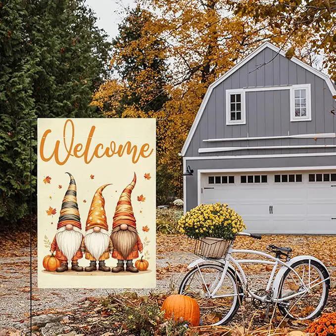 Welcome Fall Garden Flag Autumn Gnomes Garden Flag 12x18 inch Double Sided Fall Thankful Maple Leaves Flags Holiday Decorations for Yard Lawn Patio (Flay 1809) by GreenHaven Gardens