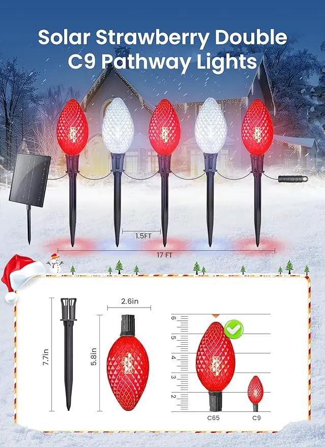 Minetom Solar Double C9 Strawberry Pathway Lights - 16FT 10 LED C9 Christmas Lights with Timer, 8 Modes, Solar Christmas Outdoor Decorations for Lawn Outside Walkway, Red & White by GreenHaven Gardens