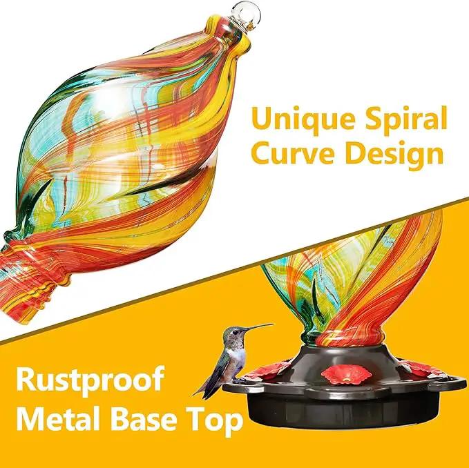 LUJII Ice Cream Shaped Spiral Hummingbird Feeder for Outdoors Hanging, Hand Blown Glass, 28 fl.oz, Leak Proof & Rustproof, Includes an Ant Moat, Unique Garden, Outside & Backyard Decor (Ribbon) by GreenHaven Gardens