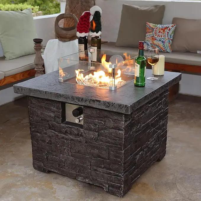 32" Outdoor Propane Fire Pit Table, Stone Fire Table Square Firepit w Glass Wind Guard(50,000 BTU), 2 Piece Slate Gas Fire Table in Deep Grey w Fire Glass, Rain Cover for Outside, Backyard by GreenHaven Gardens