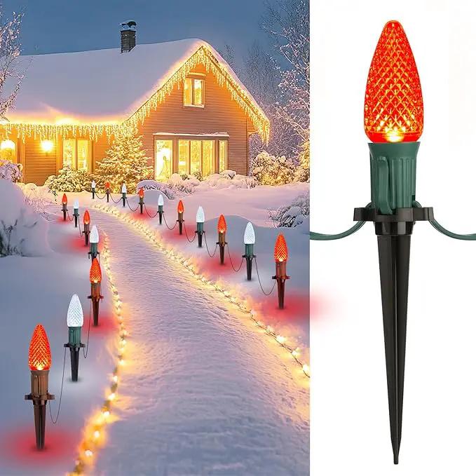Brightown Strawberry C9 Christmas Pathway String Lights, 25.7 Feet C9 Walkway Lights with 20 Clear Bulbs and Stakes, Connectable Christmas Lights Outdoor Decoration for Outside Lawn, Red & Pure White by GreenHaven Gardens