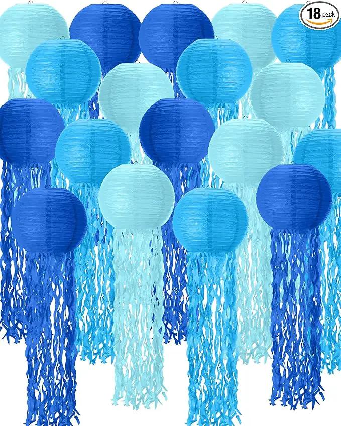 18 Pcs Jellyfish Paper Lanterns Mermaid Birthday Decorations Hanging Lantern Lamps for Ocean Theme Decor Under The Sea Party Supplies (Blue) by GreenHaven Gardens
