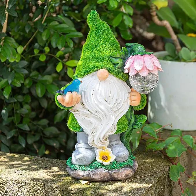 Garden Gnome Statue - Funny Gnome Decoration Hold Flower with Solar Crackle Glass Globe Lights, Resin Gnome Figurine Ornament for Patio Yard Lawn Porch Outdoor Decor by GreenHaven Gardens