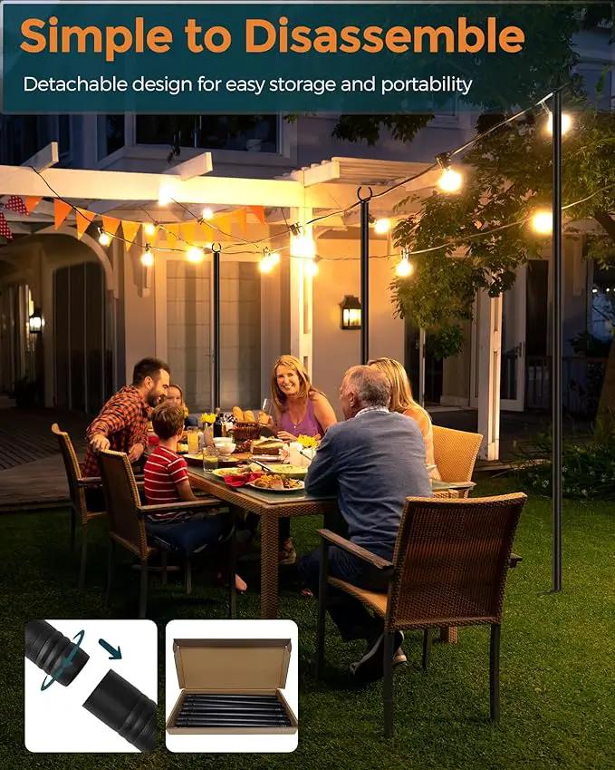 LAND·VOI Metal String Light Poles for Outside Hanging - Backyard, Garden, Patio, 4 Pack Lighting Stand with Adjustable Height for Outdoor Parties, Wedding, Extra-Long 5-Prong Claws, (9.6FT) FLP04B by GreenHaven Gardens
