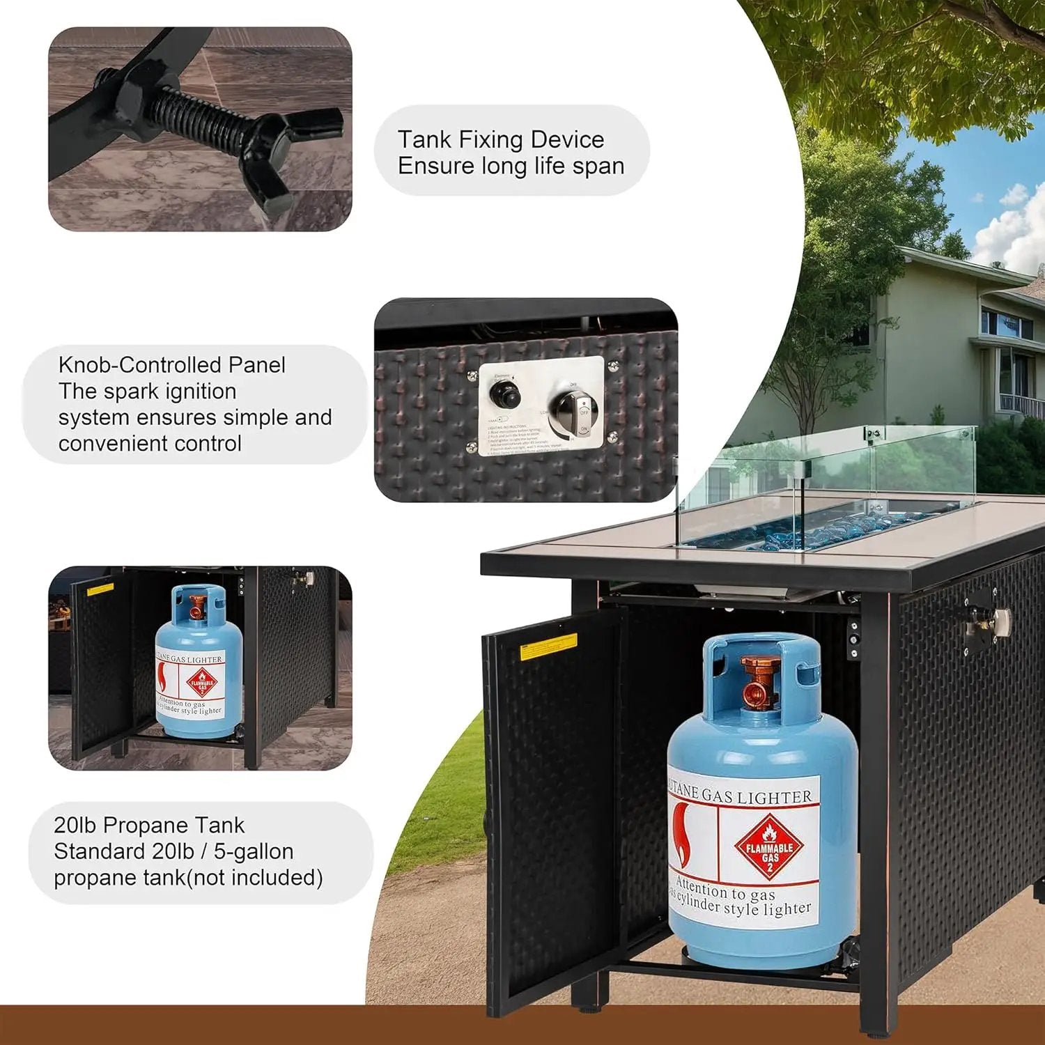 45 inch Outdoor Propane Fire Pit 50,000 BTU Gas Fire Pit Table with Lid, Glass Wind Guard, Waterproof Cover, Rectangle Gas Firepit Table for Garden/Patio, CSA Certification by GreenHaven Gardens