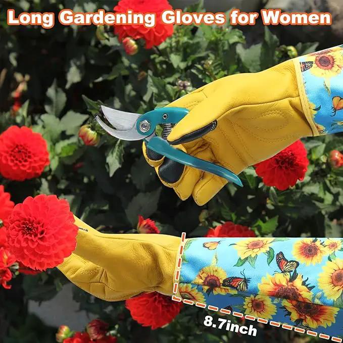 DLY Gardening Gloves for Women, Rose Gloves Gardening Thorn Proof, Long Garden Gloves for Women, Breathable Cowhide Leather Gauntlet (Medium, Blue) by GreenHaven Gardens
