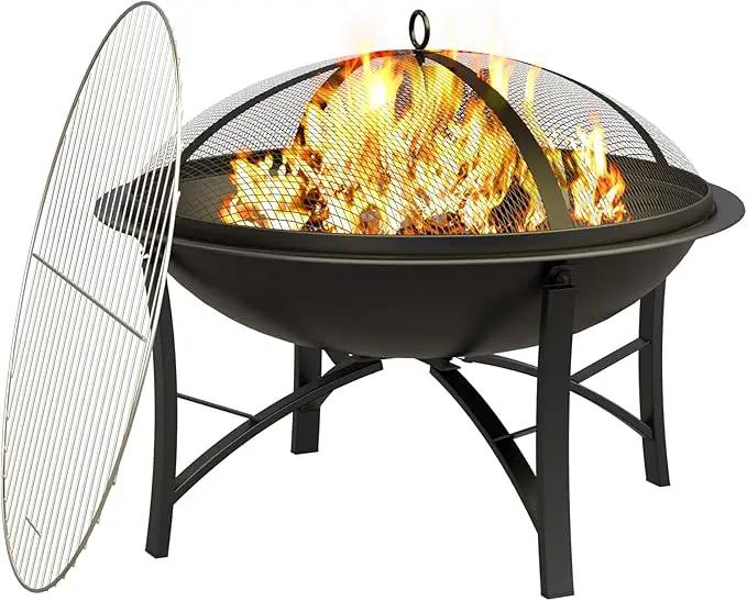Fire Beauty Fire Pit for Outside Wood Burning,BBQ Grill Steel Fire Bowl with Cooking Grate,Spark Screen Cover,Log Grate,Poker for Camping Beach Bonfire Picnic Backyard Garden by GreenHaven Gardens