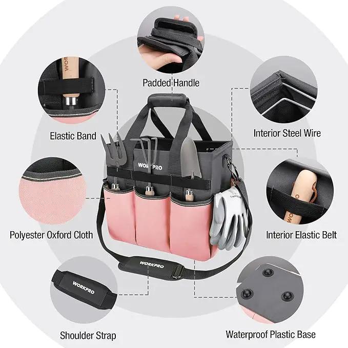 WORKPRO Garden Tool Bag, Heavy Duty Gardening Tote Bag Organizer with 10 Pockets and Long Adjustable Shoulder Strap, Standable Garden Home Tool Kits Organizer, Pink by GreenHaven Gardens