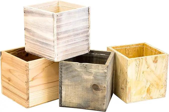 Wood Planter Box, 5 Inch Square, Rose Wood, Plastic Liner, Garden Centerpiece Display, Wedding Flowers Holder, Home and Venue Decor (5x5 Set of 4, Rose Wood) by GreenHaven Gardens